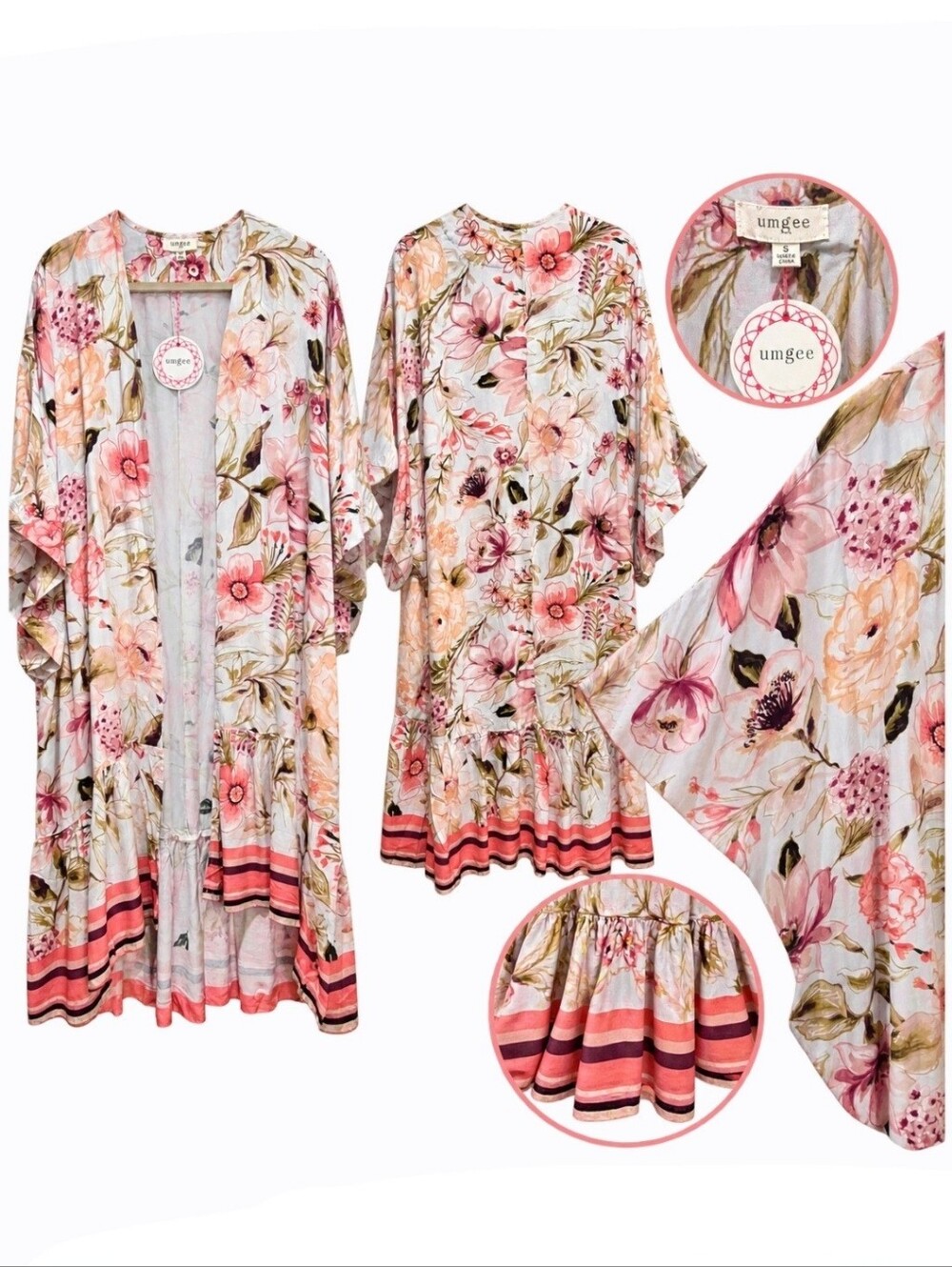Umgee Floral Boho Kimono Duster M/L Rayon Ruffle Hem NWT